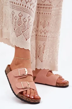 Klapki Damskie Na Korkowej Platformie Ze Złotymi Klamrami Różowe Lisavionea