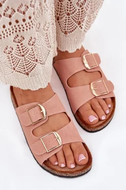 Klapki Damskie Na Korkowej Platformie Ze Złotymi Klamrami Różowe Lisavionea