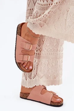 Klapki Damskie Na Korkowej Platformie Ze Złotymi Klamrami Różowe Lisavionea