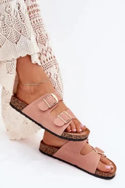 Klapki Damskie Na Korkowej Platformie Ze Złotymi Klamrami Różowe Lisavionea