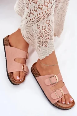 Klapki Damskie Na Korkowej Platformie Ze Złotymi Klamrami Różowe Lisavionea