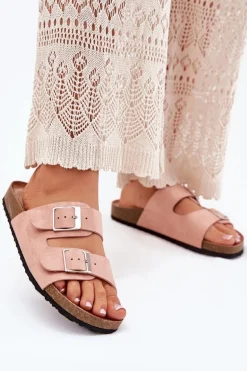 Klapki Damskie Na Korkowej Platformie Klamry Różowe Evisolla