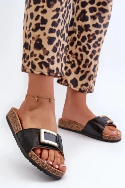 Klapki Damskie Na Korkowej Platformie Z Ozdobą Czarne Elleriome