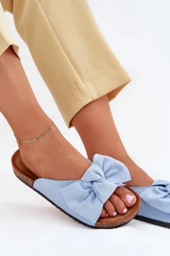 Klapki Damskie Na Korkowej Podeszwie Kokardką Niebieskie Seressa