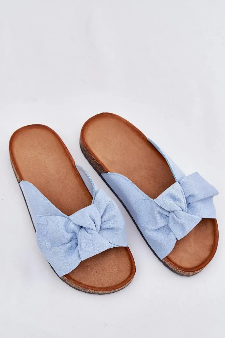 Klapki Damskie Na Korkowej Podeszwie Kokardką Niebieskie Seressa