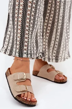 Klapki Damskie Na Korkowej Platformie Ze Złotymi Klamrami Beżowe Lisavionea