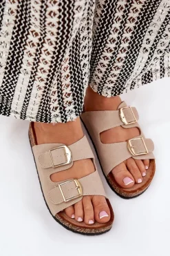 Klapki Damskie Na Korkowej Platformie Ze Złotymi Klamrami Beżowe Lisavionea