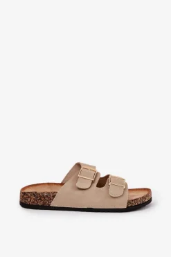 Klapki Damskie Na Korkowej Platformie Ze Złotymi Klamrami Beżowe Lisavionea