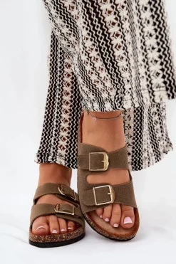 Klapki Damskie Na Korkowej Platformie Ze Złotymi Klamrami Zielone Lisavionea