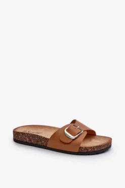 Klapki Damskie Na Korkowej Platformie Z Klamrą Brązowe Moaxi