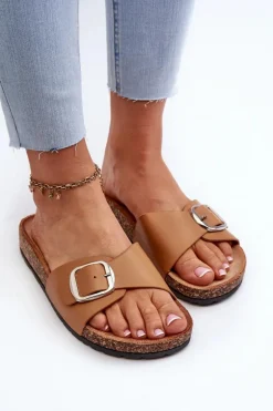 Klapki Damskie Na Korkowej Platformie Z Klamrą Brązowe Moaxi