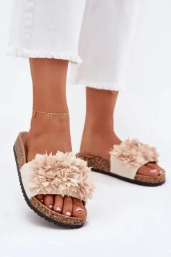 Klapki Damskie Na Korkowej Podeszwie Z Ozdobnymi Kwiatkami Beżowe Seleneza