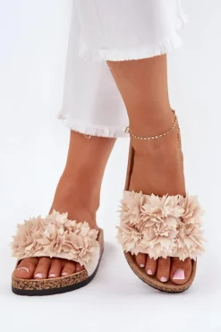 Klapki Damskie Na Korkowej Podeszwie Z Ozdobnymi Kwiatkami Beżowe Seleneza