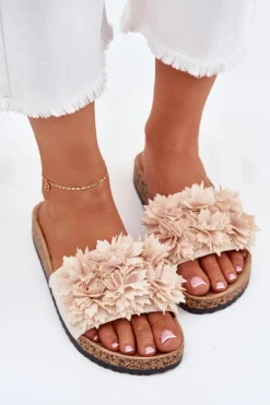 Klapki Damskie Na Korkowej Podeszwie Z Ozdobnymi Kwiatkami Beżowe Seleneza