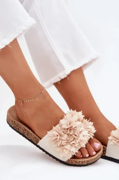 Klapki Damskie Na Korkowej Podeszwie Z Ozdobnymi Kwiatkami Beżowe Seleneza