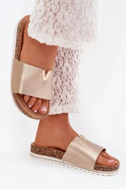 Klapki Damskie Na Korkowej Platformie Z Ozdobnym Detalem Złote Vessira