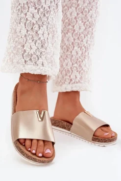 Klapki Damskie Na Korkowej Platformie Z Ozdobnym Detalem Złote Vessira