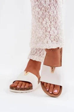 Klapki Damskie Na Korkowej Platformie Z Ozdobnym Detalem Białe Vessira