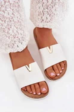 Klapki Damskie Na Korkowej Platformie Z Ozdobnym Detalem Białe Vessira