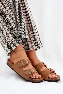 Klapki Damskie Na Korkowej Platformie Ze Złotymi Klamrami Camel Lisavionea