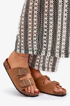 Klapki Damskie Na Korkowej Platformie Ze Złotymi Klamrami Camel Lisavionea