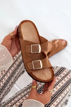 Klapki Damskie Na Korkowej Platformie Ze Złotymi Klamrami Camel Lisavionea