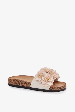 Klapki Damskie Na Korkowej Podeszwie Z Kwiatkami Beżowe Ferenza