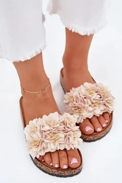 Klapki Damskie Na Korkowej Podeszwie Z Kwiatkami Beżowe Ferenza