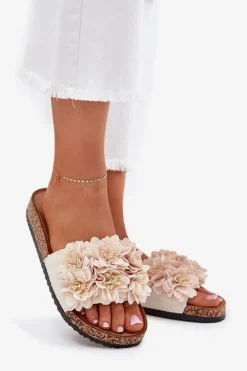Klapki Damskie Na Korkowej Podeszwie Z Kwiatkami Beżowe Ferenza