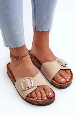 Klapki Damskie Na Korkowej Platformie Z Klamrą Beżowe Moaxi