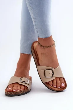 Klapki Damskie Na Korkowej Platformie Z Klamrą Beżowe Moaxi