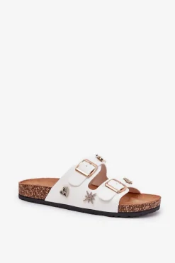 Klapki Damskie Na Korkowej Podeszwie Z Klamrami I Przypinkami Białe Efadelis