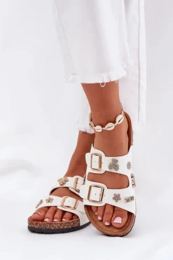 Klapki Damskie Na Korkowej Podeszwie Z Klamrami I Przypinkami Białe Efadelis