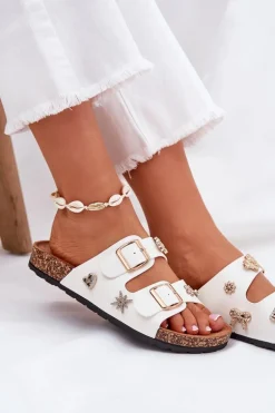 Klapki Damskie Na Korkowej Podeszwie Z Klamrami I Przypinkami Białe Efadelis