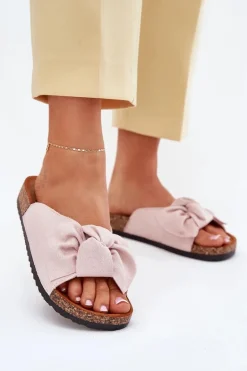 Klapki Damskie Na Korkowej Podeszwie Kokardką Jasnoróżowe Seressa