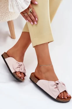 Klapki Damskie Na Korkowej Podeszwie Kokardką Jasnoróżowe Seressa