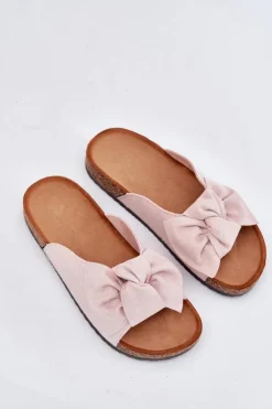 Klapki Damskie Na Korkowej Podeszwie Kokardką Jasnoróżowe Seressa