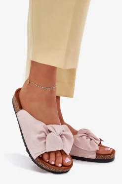 Klapki Damskie Na Korkowej Podeszwie Kokardką Jasnoróżowe Seressa