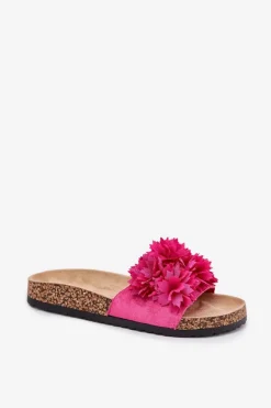 Klapki Damskie Na Korkowej Podeszwie Z Kwiatkami Fuksja Ferenza