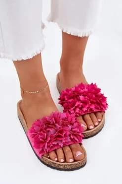 Klapki Damskie Na Korkowej Podeszwie Z Kwiatkami Fuksja Ferenza