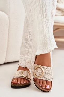 Klapki Damskie Na Korkowej Platformie Ze Złotą Klamrą Beżowe Nilaviena