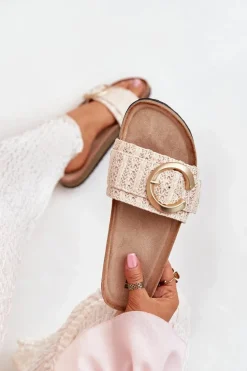 Klapki Damskie Na Korkowej Platformie Ze Złotą Klamrą Beżowe Nilaviena