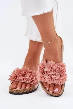 Klapki Damskie Na Korkowej Podeszwie Z Kwiatkami Różowe Ferenza