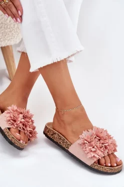 Klapki Damskie Na Korkowej Podeszwie Z Kwiatkami Różowe Ferenza