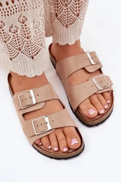 Klapki Damskie Na Korkowej Platformie Klamry Beżowe Evisolla