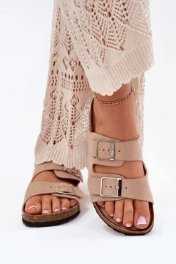 Klapki Damskie Na Korkowej Platformie Klamry Beżowe Evisolla