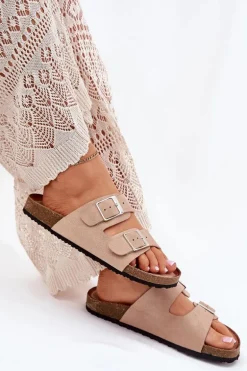 Klapki Damskie Na Korkowej Platformie Klamry Beżowe Evisolla