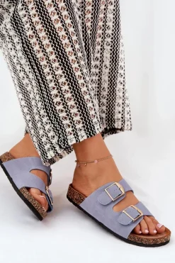 Klapki Damskie Na Korkowej Platformie Ze Złotymi Klamrami Niebieskie Lisavionea