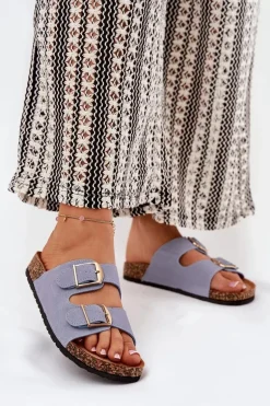 Klapki Damskie Na Korkowej Platformie Ze Złotymi Klamrami Niebieskie Lisavionea