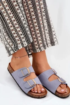 Klapki Damskie Na Korkowej Platformie Ze Złotymi Klamrami Niebieskie Lisavionea